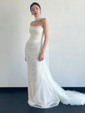 Niulatu Mermaid Strapless Tulle White Wedding Dresses With Ribbon HZ1110
