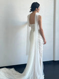 Niulatu Mermaid Strapless Tulle White Wedding Dresses With Ribbon HZ1110
