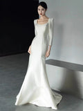 Niulatu Mermaid Square Neckline Long Sleeves White Satin Wedding Dresses HZ1110