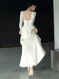 Niulatu Mermaid Square Neckline Long Sleeves White Satin Wedding Dresses HZ1110