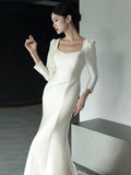 Niulatu Mermaid Square Neckline Long Sleeves White Satin Wedding Dresses HZ1110