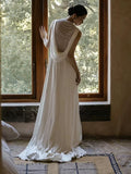 Niulatu A line High Neckline Chiffon Long Pearls White Wedding Dresses With Ruffles HZ1110