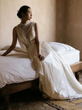 Niulatu A line High Neckline Chiffon Long Pearls White Wedding Dresses With Ruffles HZ1110