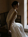 Niulatu A line High Neckline Chiffon Long Pearls White Wedding Dresses With Ruffles HZ1110