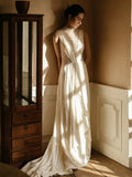 Niulatu A line High Neckline Chiffon Long Pearls White Wedding Dresses With Ruffles HZ1110