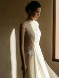 Niulatu A line High Neckline Chiffon Long Pearls White Wedding Dresses With Ruffles HZ1110