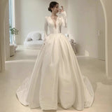 Niulatu A line V Neckline Long Sleeves Satin White Wedding Dresses HZ1110