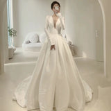 Niulatu A line V Neckline Long Sleeves Satin White Wedding Dresses HZ1110