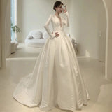 Niulatu A line V Neckline Long Sleeves Satin White Wedding Dresses HZ1110