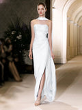 Niulatu Sheath Strapless Satin Slit White Wedding Dresses With Ribbon HZ1110
