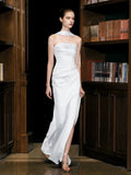 Niulatu Sheath Strapless Satin Slit White Wedding Dresses With Ribbon HZ1110