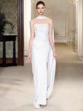 Niulatu Sheath Strapless Satin Slit White Wedding Dresses With Ribbon HZ1110