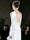 Niulatu Sheath Strapless Satin Slit White Wedding Dresses With Ribbon HZ1110