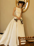 Niulatu Ball Gown Scoop Satin Backless Long White Wedding Dresses HZ1110