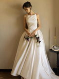 Niulatu Ball Gown Scoop Satin Backless Long White Wedding Dresses HZ1110