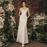 Niulatu Sheath Straps Satin Long White Slit Wedding Dresses HZ1110