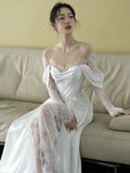 Niulatu Sheath Off The Shoulder Satin Long Sleeves White Slit Wedding Dresses HZ1110