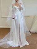 Niulatu Sheath Off The Shoulder Satin Long Sleeves White Slit Wedding Dresses HZ1110
