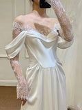 Niulatu Sheath Off The Shoulder Satin Long Sleeves White Slit Wedding Dresses HZ1110
