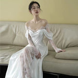 Niulatu Sheath Off The Shoulder Satin Long Sleeves White Slit Wedding Dresses HZ1110