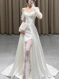 Niulatu Sheath Off The Shoulder Satin Long Sleeves White Slit Wedding Dresses HZ1110