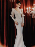 Niulatu Mermaid V Neckline Satin Long Sleeves White Wedding Dresses With Buttons HZ1110