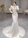 Niulatu Mermaid V Neckline Satin Long Sleeves White Wedding Dresses With Buttons HZ1110