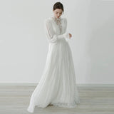 Niulatu A line High Neckline Lace Long Sleeves White Wedding Dresses HZ1110