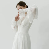 Niulatu A line High Neckline Lace Long Sleeves White Wedding Dresses HZ1110