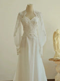Niulatu A line Sweetheart Lace Long Sleeves White Wedding Dresses HZ1110