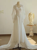 Niulatu A line Sweetheart Lace Long Sleeves White Wedding Dresses HZ1110