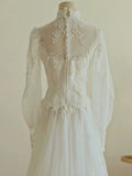 Niulatu A line Sweetheart Lace Long Sleeves White Wedding Dresses HZ1110