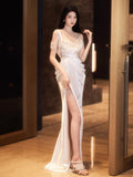 Niulatu Sheath Straps Satin Long White Slit Pearls Wedding Dresses HZ1110
