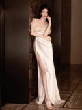 Niulatu Sheath Straps Satin Long White Slit Pearls Wedding Dresses HZ1110