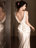 Niulatu Sheath Straps Satin Long White Slit Pearls Wedding Dresses HZ1110