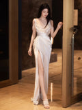 Niulatu Sheath Straps Satin Long White Slit Pearls Wedding Dresses HZ1110