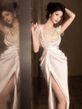 Niulatu Sheath Straps Satin Long White Slit Pearls Wedding Dresses HZ1110