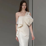 Niulatu Sheath One Shoulder Satin Long White Wedding Dresses With Bow HZ1110