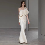 Niulatu Sheath One Shoulder Satin Long White Wedding Dresses With Bow HZ1110