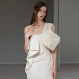 Niulatu Sheath One Shoulder Satin Long White Wedding Dresses With Bow HZ1110