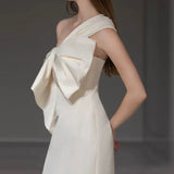 Niulatu Sheath One Shoulder Satin Long White Wedding Dresses With Bow HZ1110