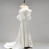 Niulatu Sheath Off The Shoulder Chiffon Long White Wedding Dresses With Ruffles HZ1110