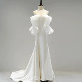 Niulatu Sheath Off The Shoulder Chiffon Long White Wedding Dresses With Ruffles HZ1110
