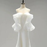 Niulatu Sheath Off The Shoulder Chiffon Long White Wedding Dresses With Ruffles HZ1110