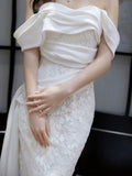 Niulatu Sheath Off The Shoulder Lace Long White Wedding Dresses With Ribbon HZ1110