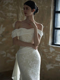 Niulatu Sheath Off The Shoulder Lace Long White Wedding Dresses With Ribbon HZ1110