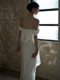Niulatu Sheath Off The Shoulder Lace Long White Wedding Dresses With Ribbon HZ1110