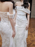 Niulatu Sheath Off The Shoulder Lace Long White Wedding Dresses With Ribbon HZ1110