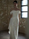 Niulatu Sheath Off The Shoulder Lace Long White Wedding Dresses With Ribbon HZ1110