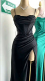 Niulatu Sheath Straps Satin Slit Prom Dress Long Evening Dresses With Ruffles HZ1110